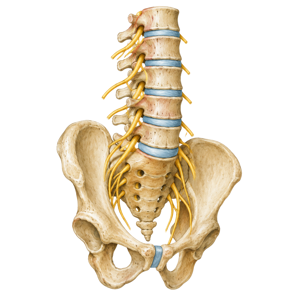 Ilustración anatómica de columna lumbar y pelvis