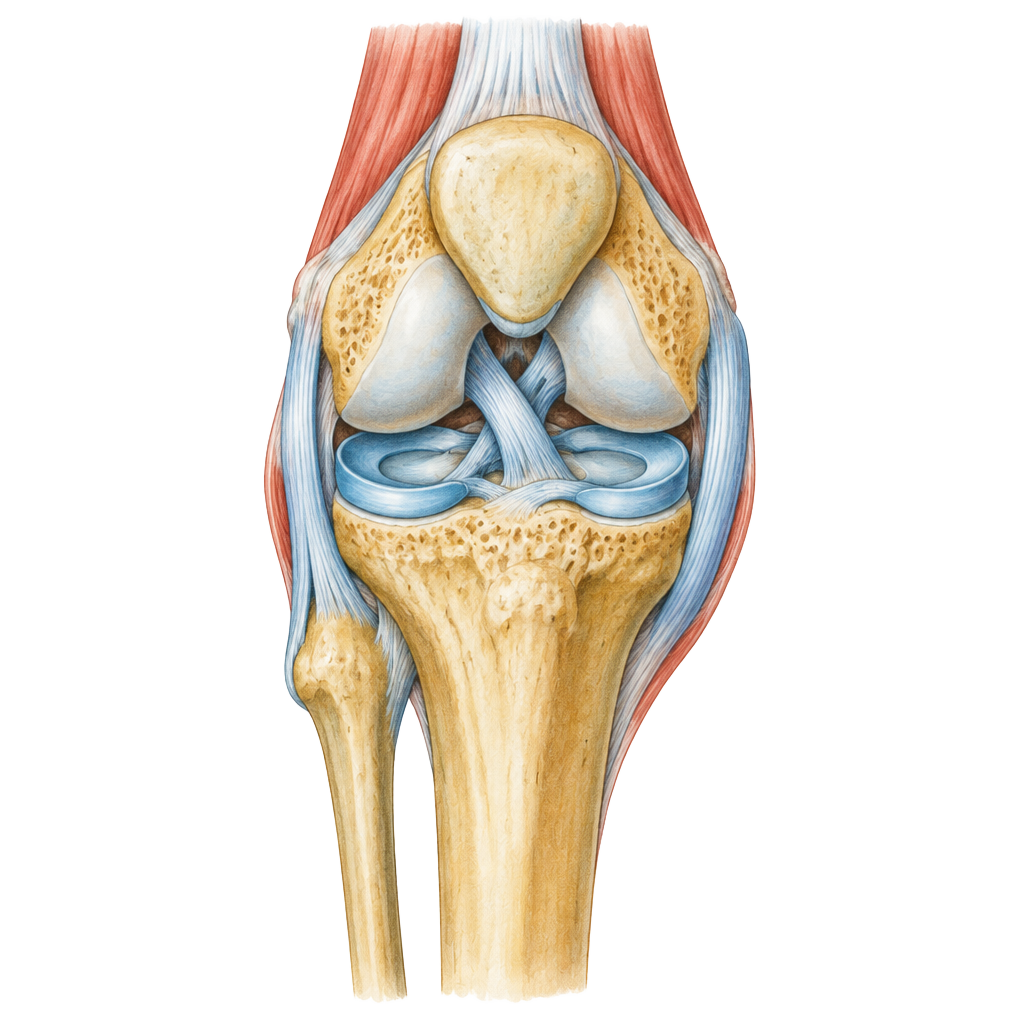 Ilustración anatómica de rodilla: estructuras clave